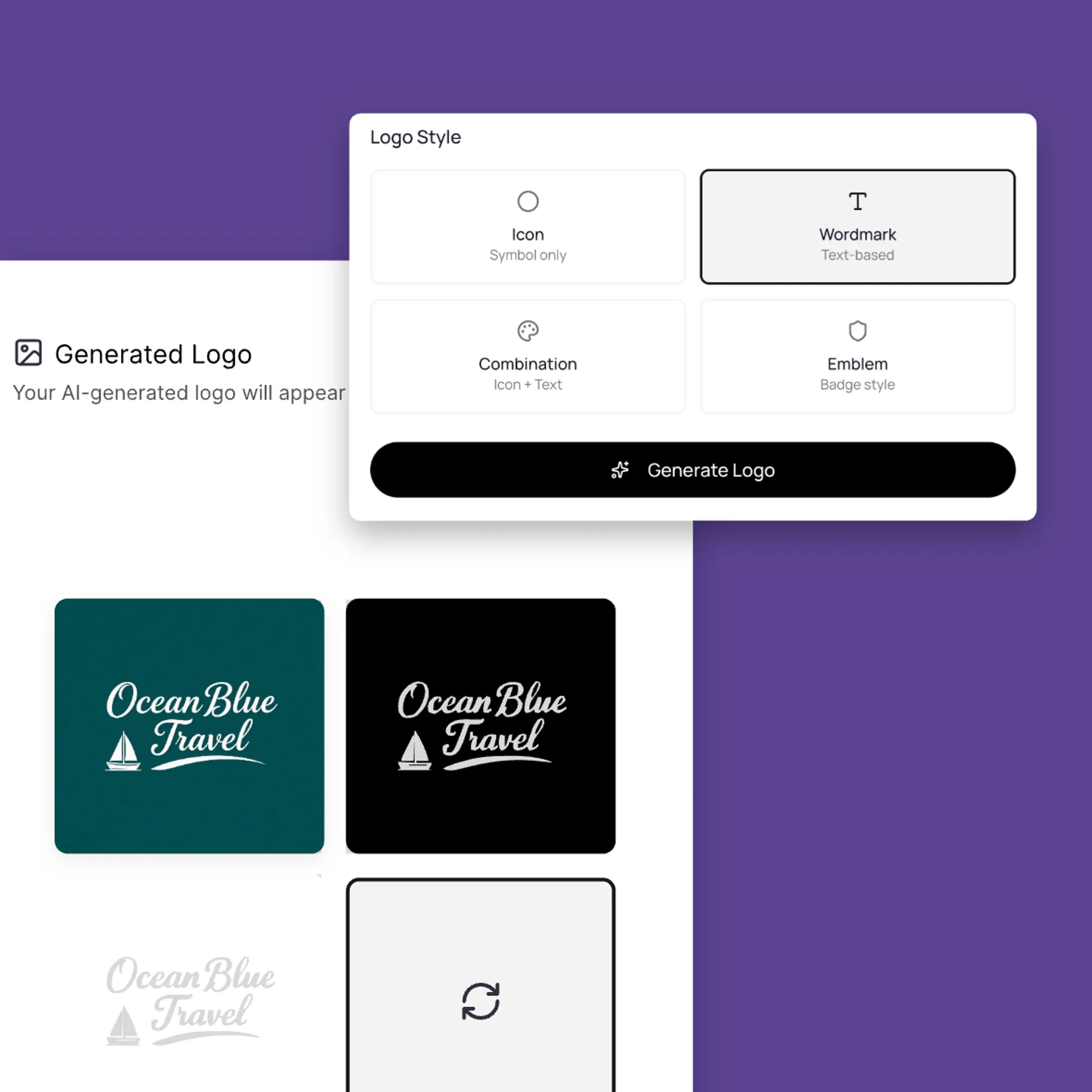 Multiple regenerated logo concepts created by the AI logo generator