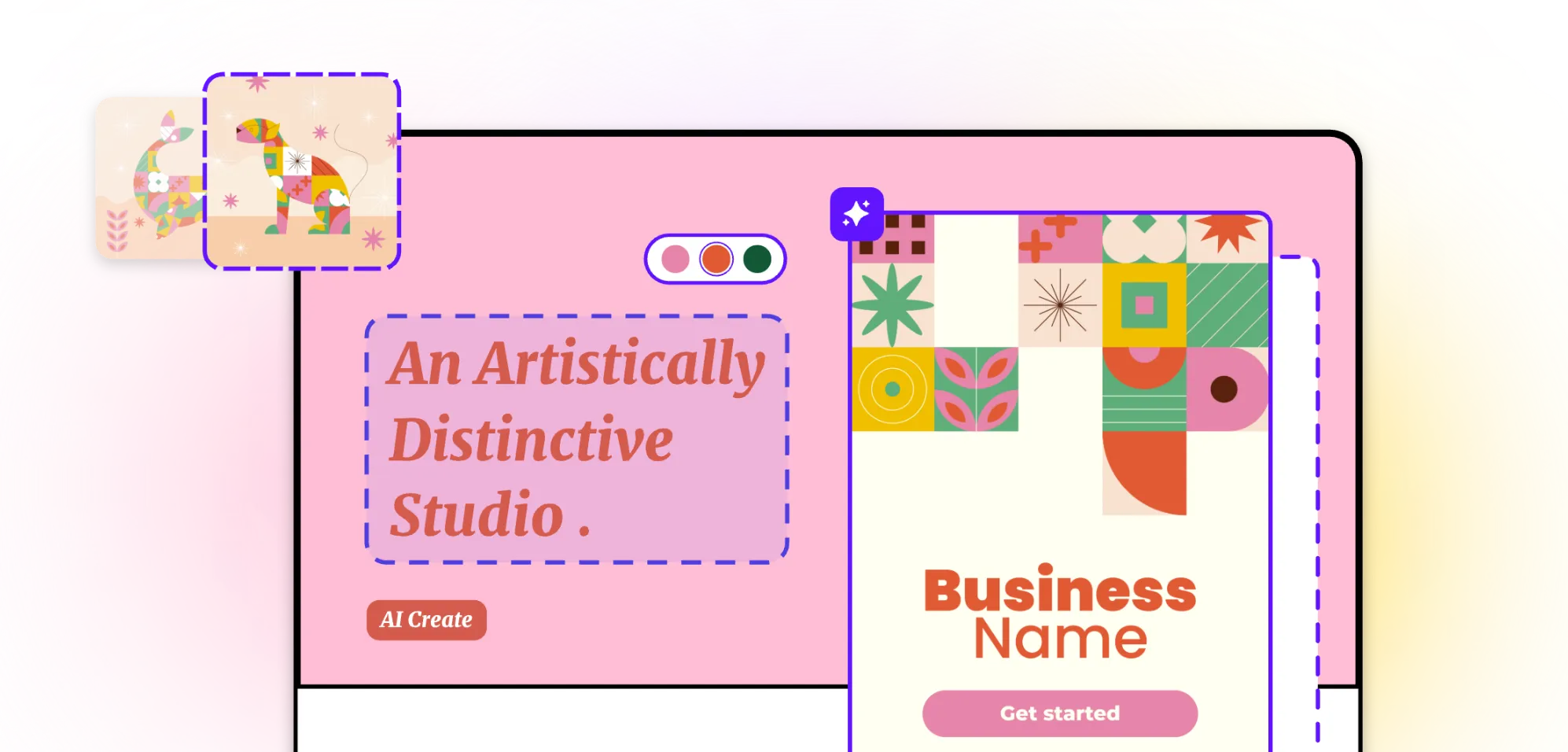 AI logo generator workflow showing the steps to describe a brand, enter a company name, choose a logo style, and download the result